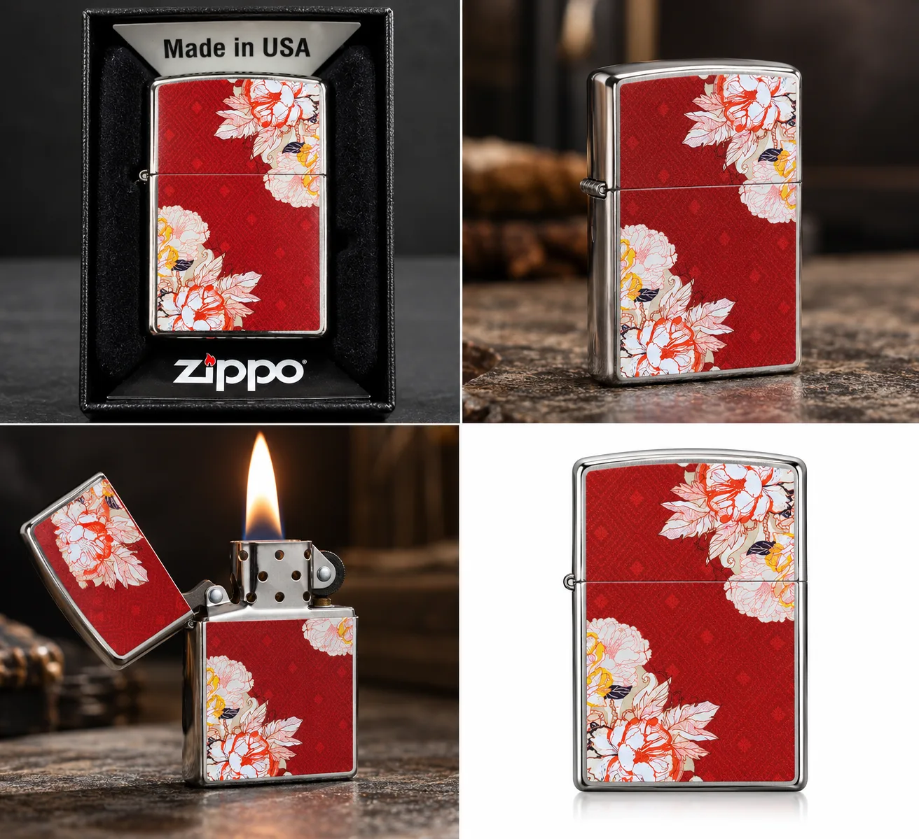 Genuine Zippo Floral Lighter – Made in USA – Original Zippo