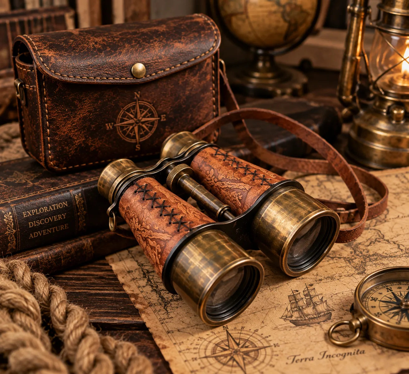 Leather And Brass Telescope Pocket Folding Binocular