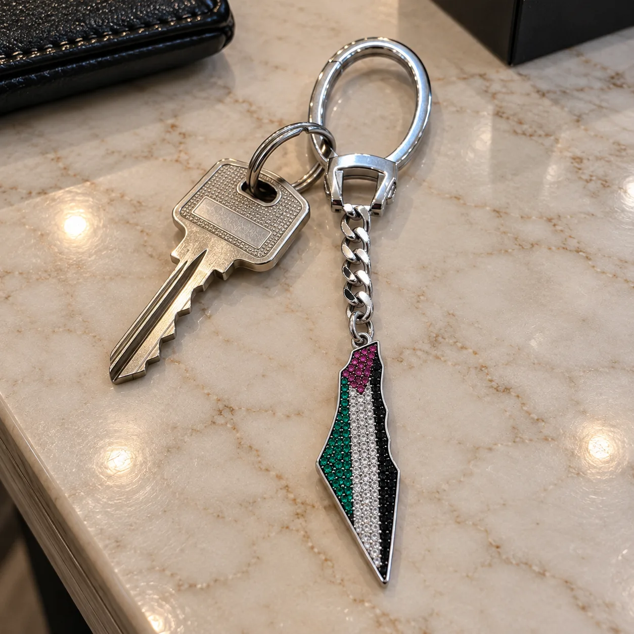 Palestinian Map Keychain – Italian 925 Sterling Silver with Palestinian Flag Colors