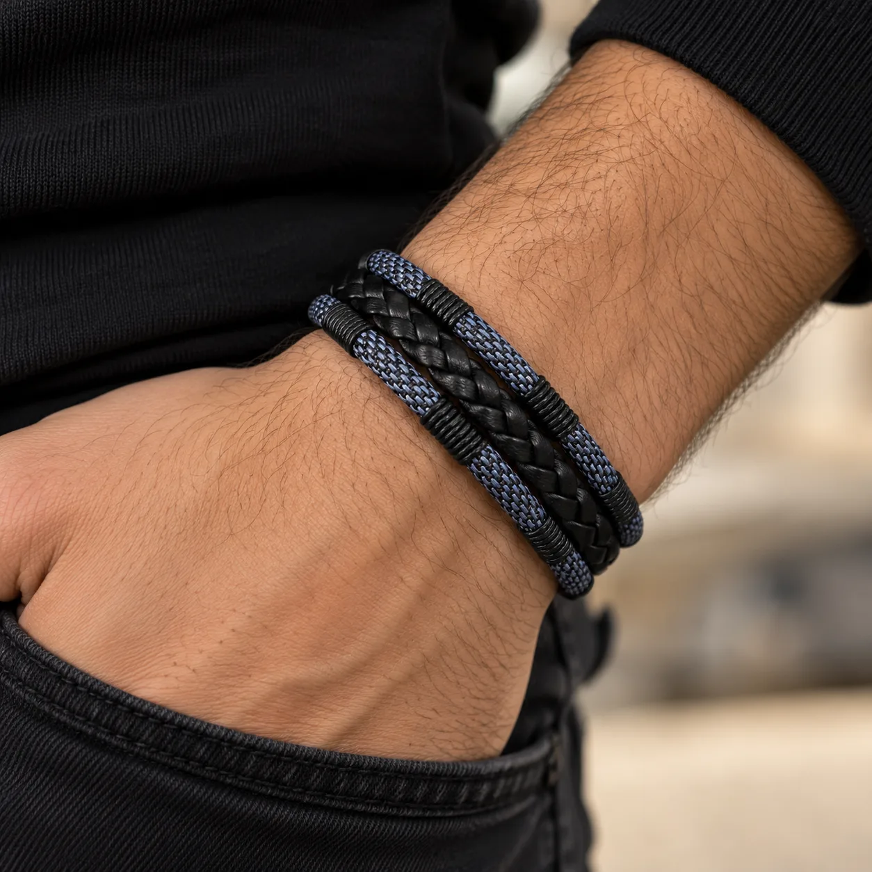🖤 Men’s Genuine Leather Braided Bracelet with Silver Clasp