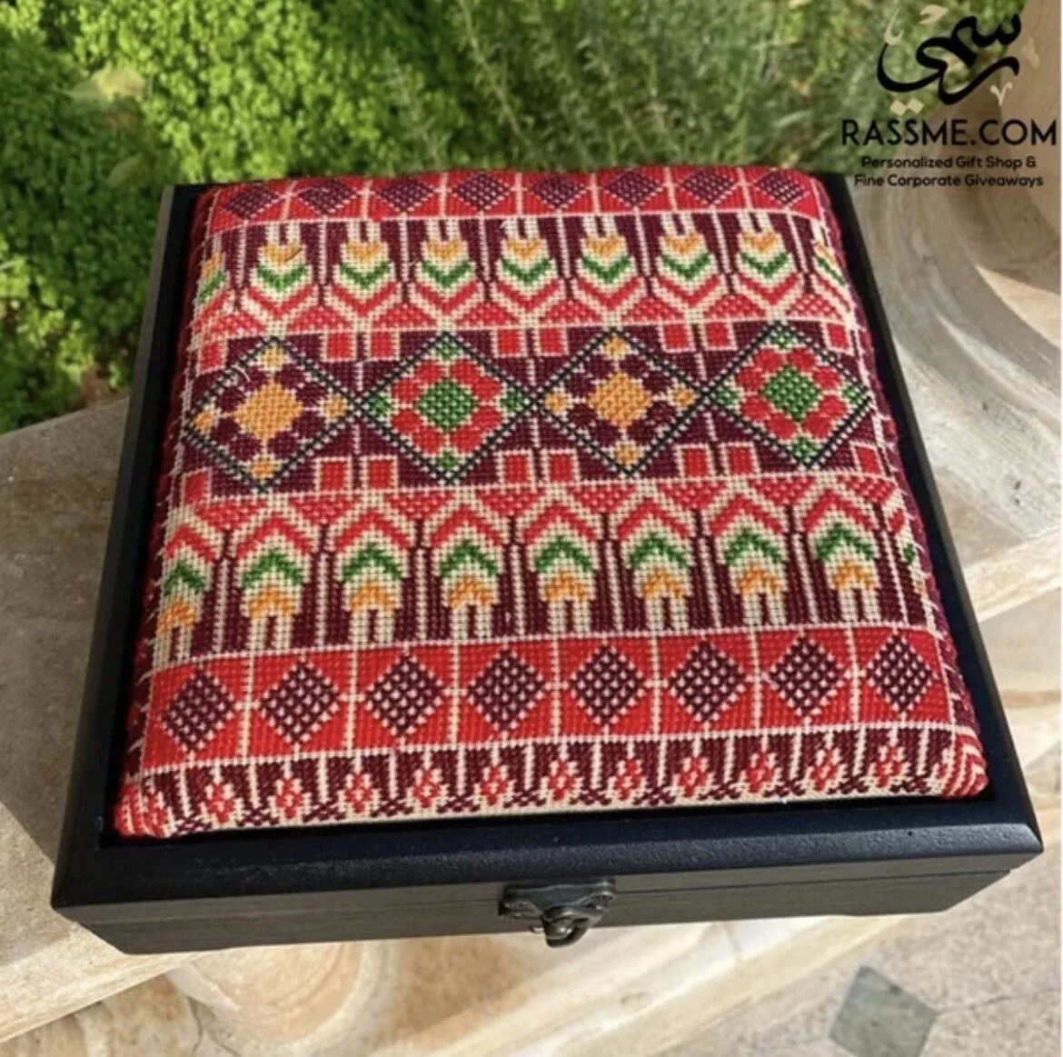 Handmade Personalized Wooden Tea Box Red Embroidery