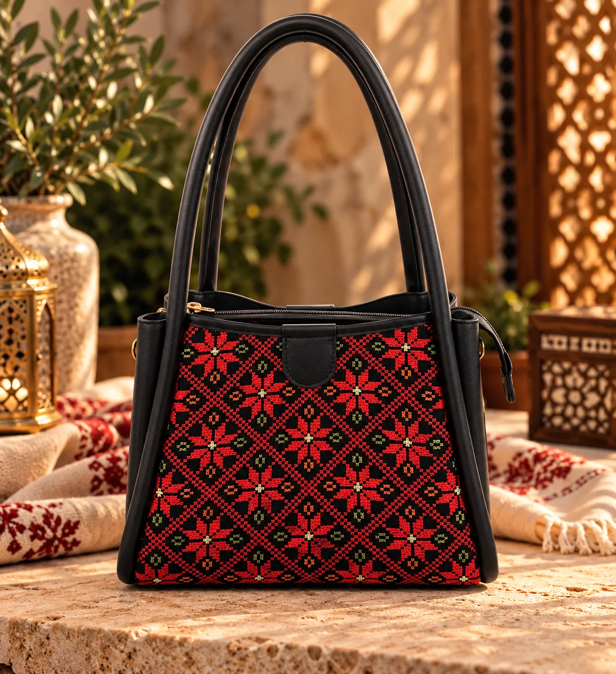 Black Leather Handbag with Jordanian Embroidery – Traditional Jordanian Embroidered Shoulder Tote Bag