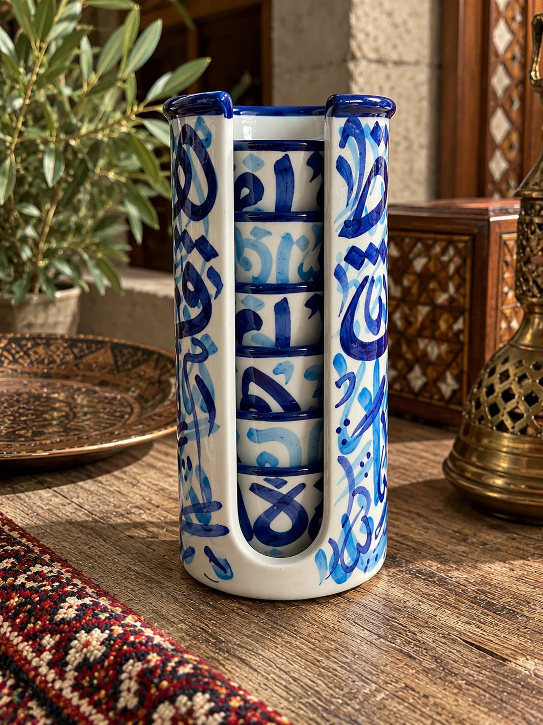 Handmade Ceramic Arabic Coffee Cup Holder with 6 Cups