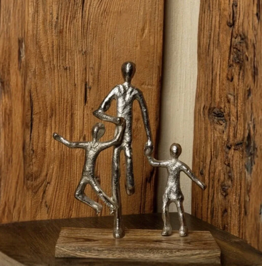Father With Son and Daughter Stand With Base Natural Wood Decor