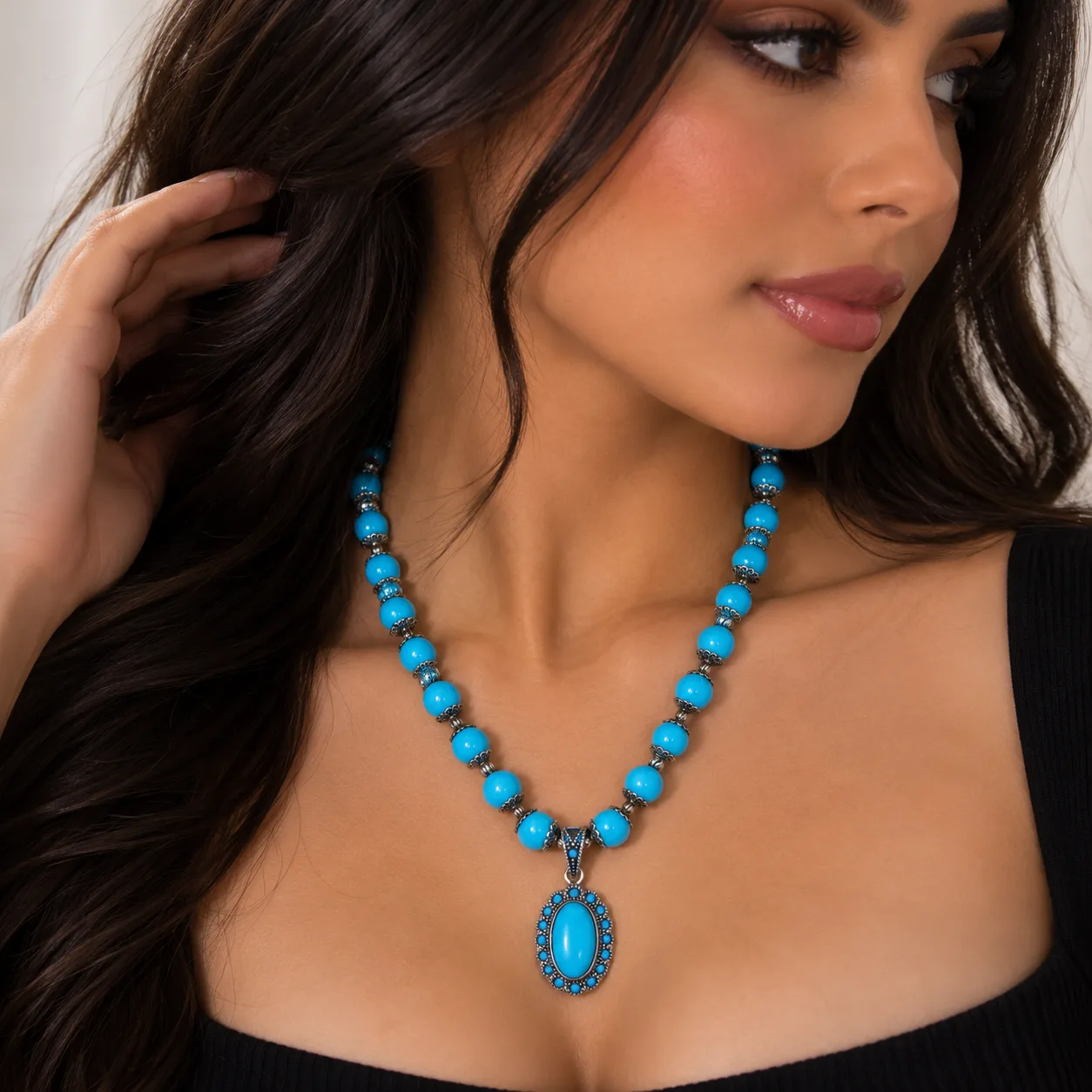 Turquoise Stone Necklace with Antique Silver