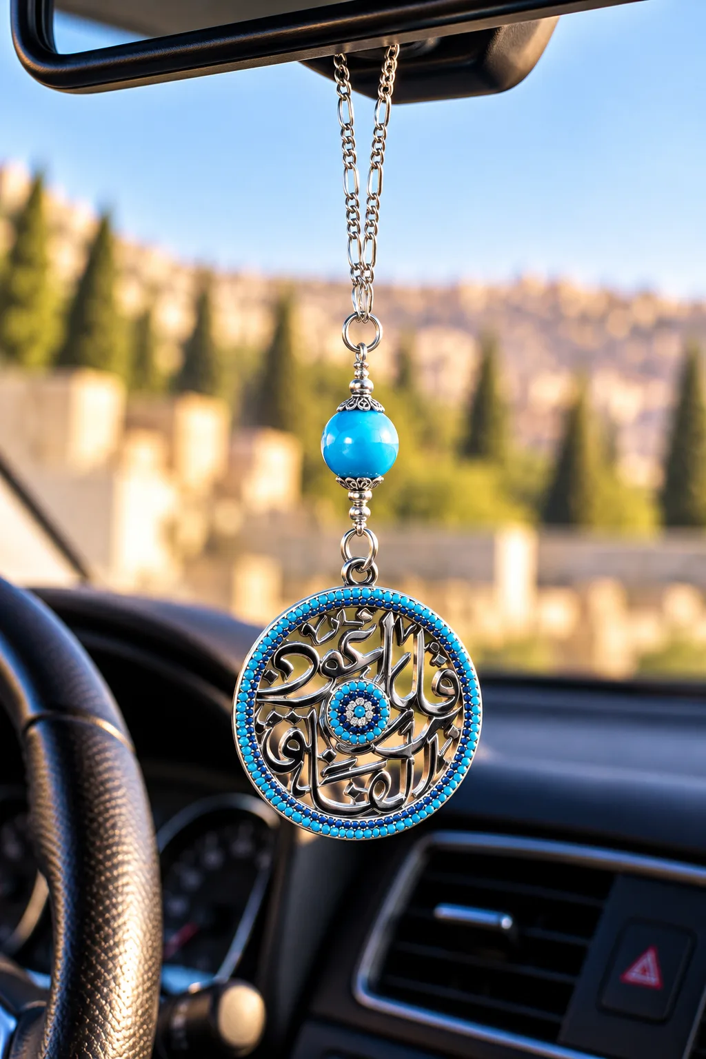 Italian 925 Sterling Silver Car Mirror Pendant with Turquoise Stone – ("قُلْ أَعُوذُ بِرَبِّ الْفَلَقِ")