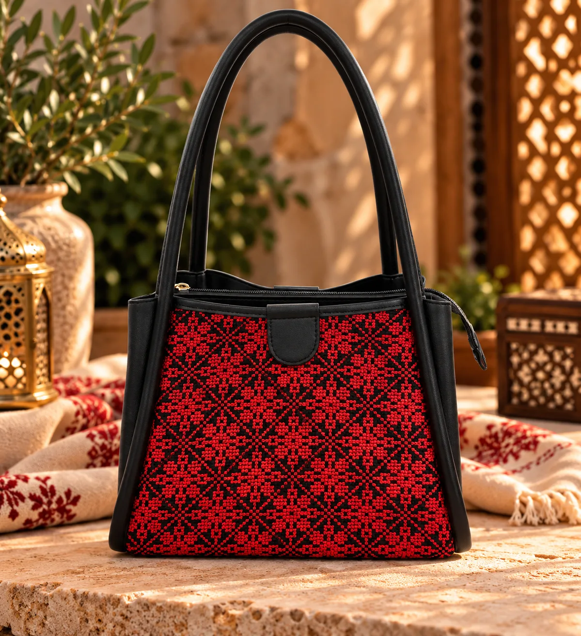 Black Leather Handbag with Jordanian Embroidery – Traditional Jordanian Embroidered Shoulder Tote Bag