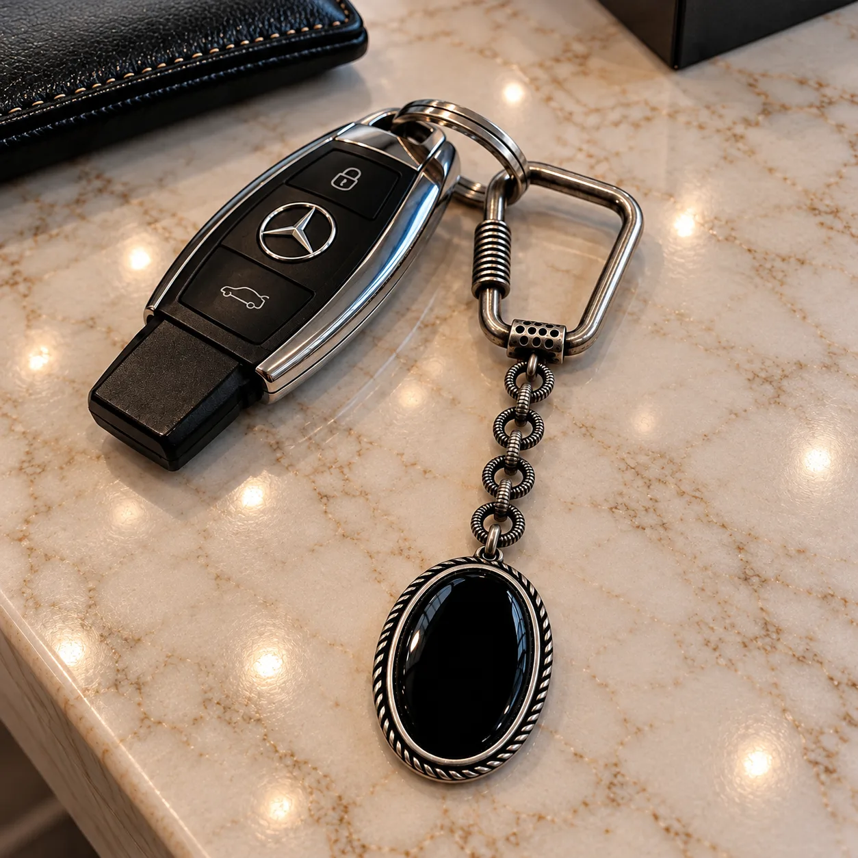 Antique 925 Sterling Silver Keychain with Black Onyx Stone
