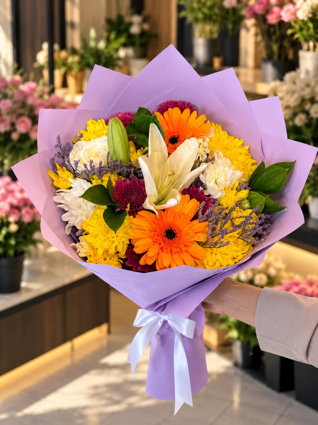 Colorful Mixed Flower Bouquet in Lavender Wrapping
