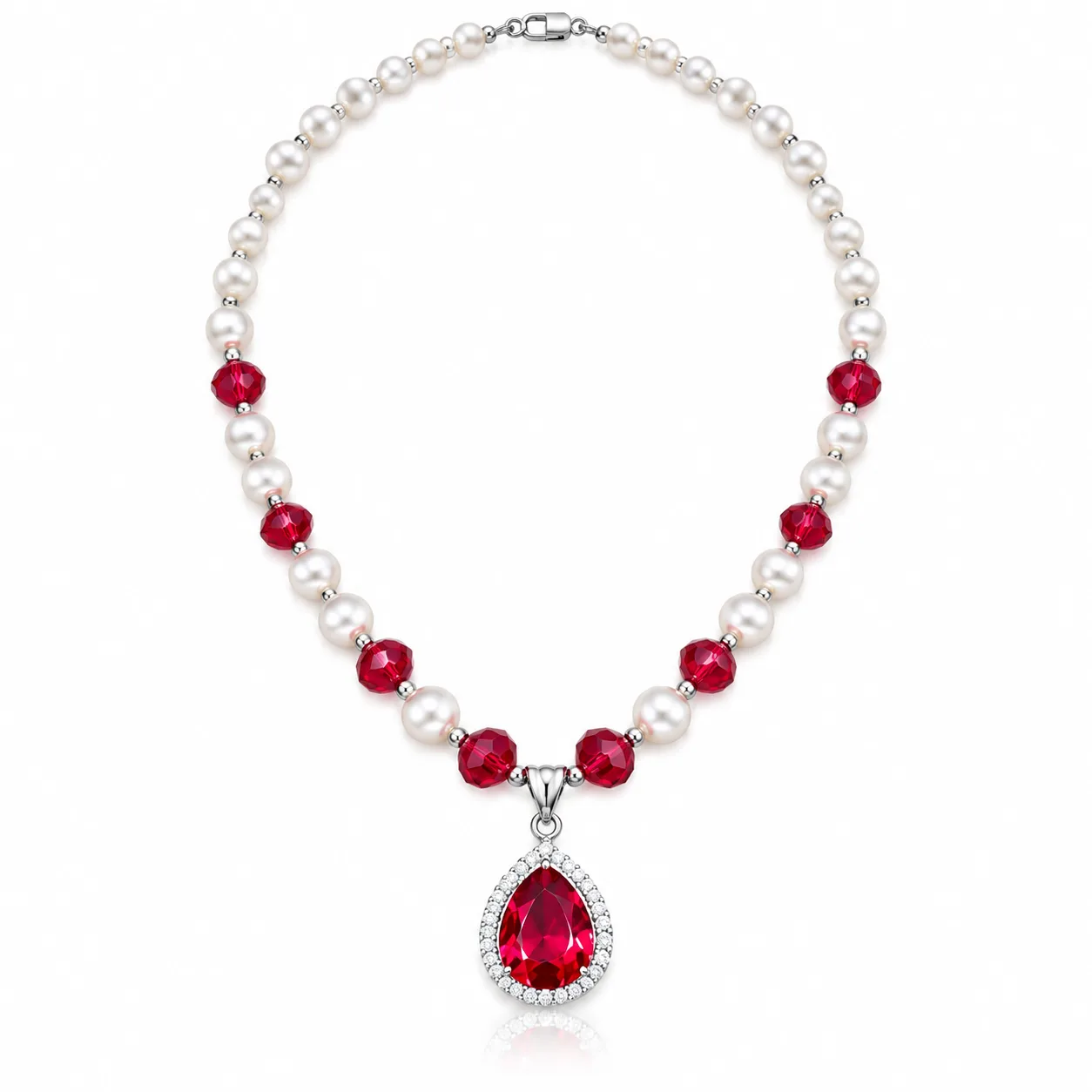 Pearl & Ruby Crystal Necklace in 925 Sterling Silver