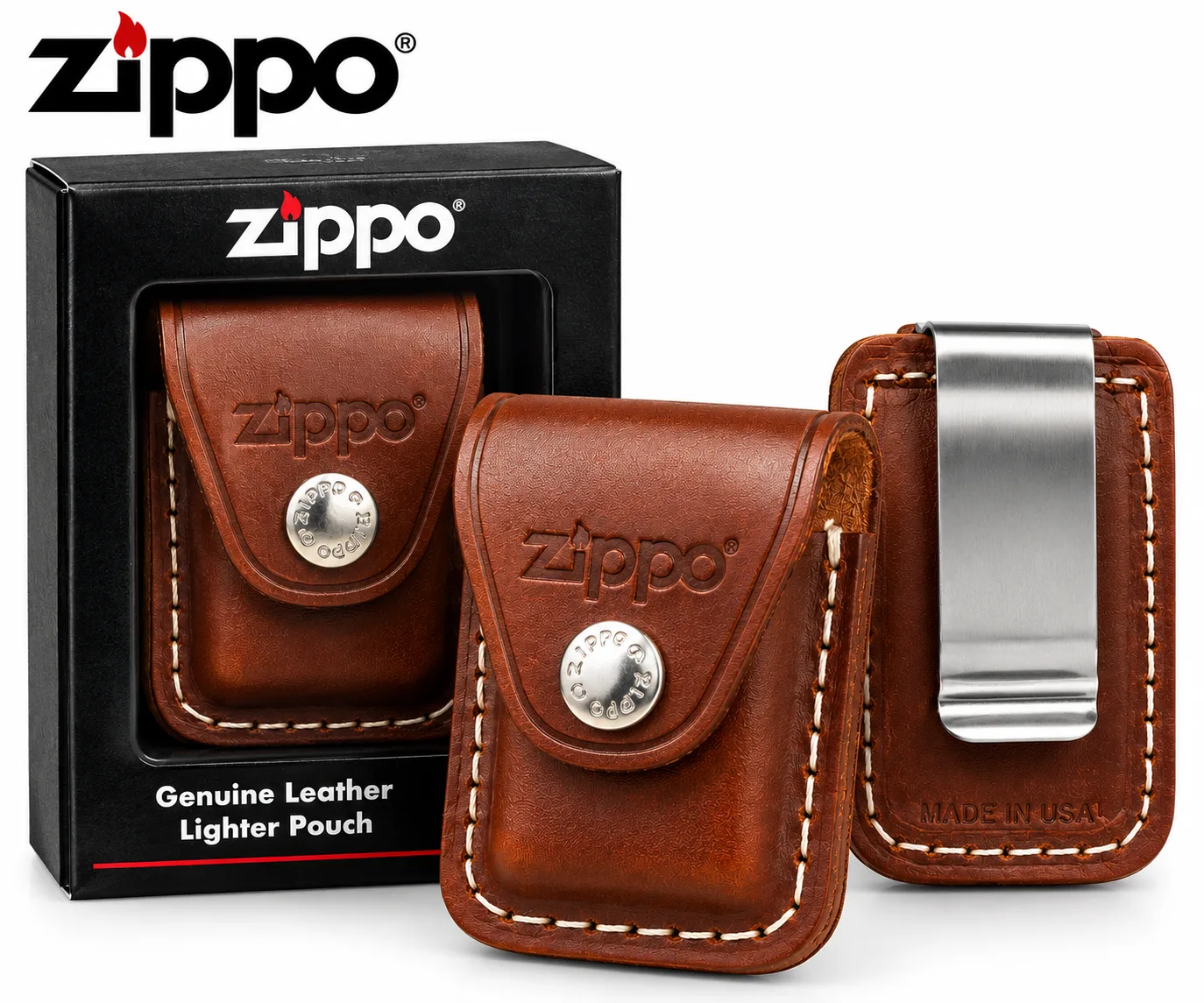 Zippo Genuine Leather Lighter Pouch – Brown Leather Case with Belt Clip