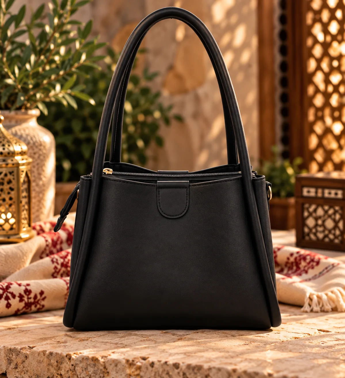 Black Leather Handbag with Jordanian Embroidery – Traditional Jordanian Embroidered Shoulder Tote Bag