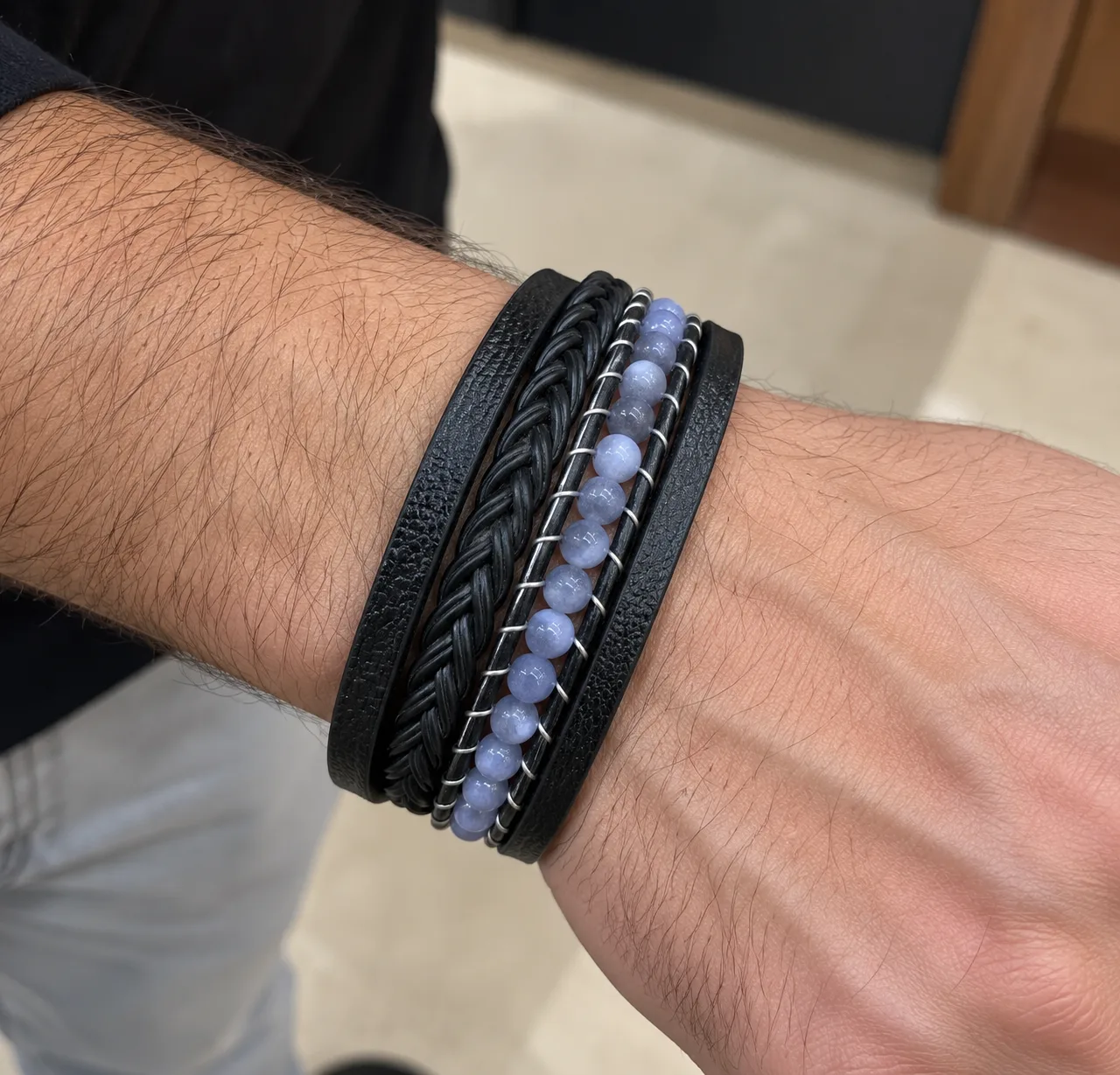 Men’s Black Leather Multi-Strand Bracelet with Blue Beads