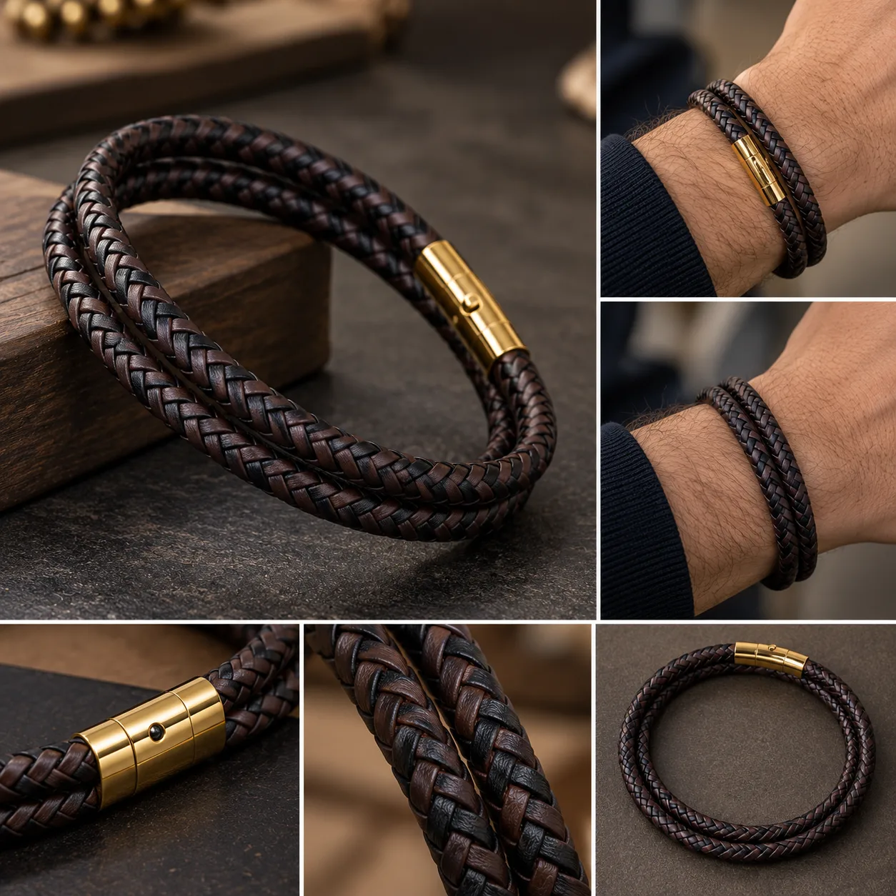 Men’s Genuine Leather Braided Bracelet with Gold Clasp
