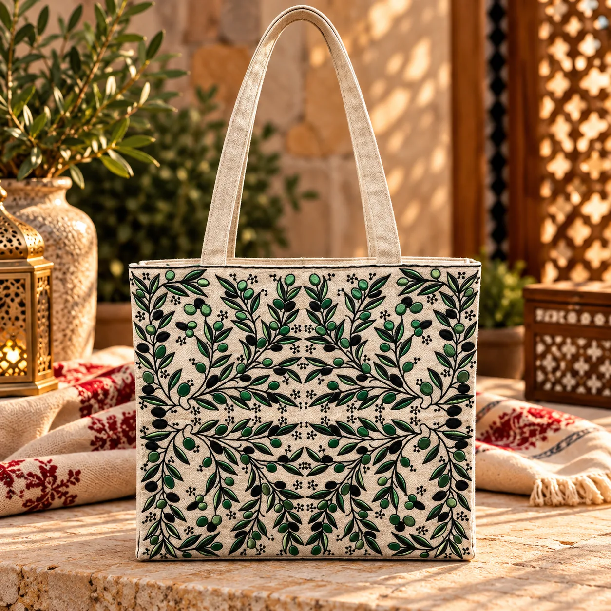 Jordanian Olive Embroidery Tote Bag