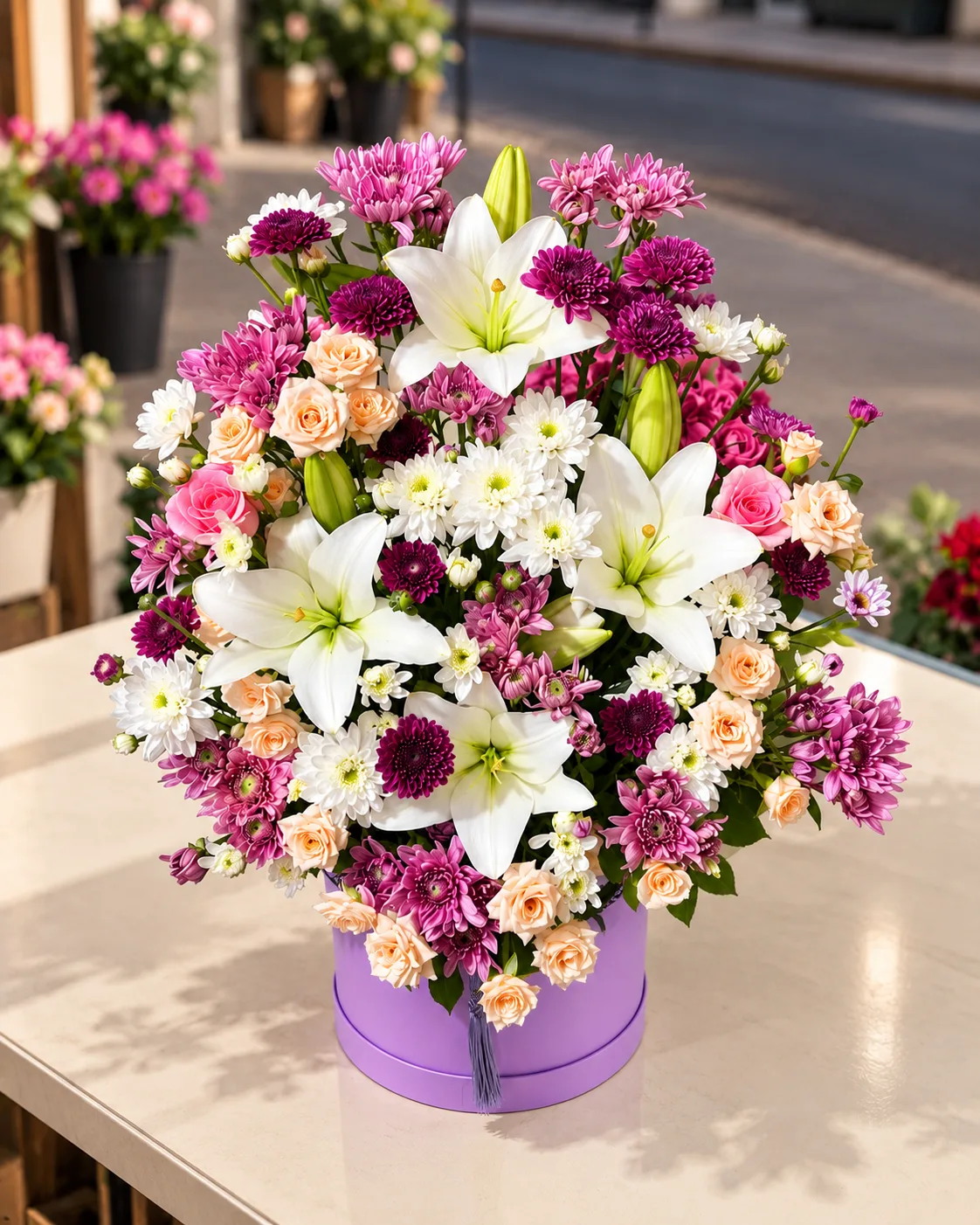 Elegant Mixed Flower Arrangement in Purple Box