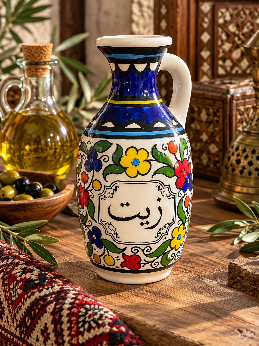 Handmade Ceramic Olive Oil Jug – Hand-Painted Palestinian Style Pottery