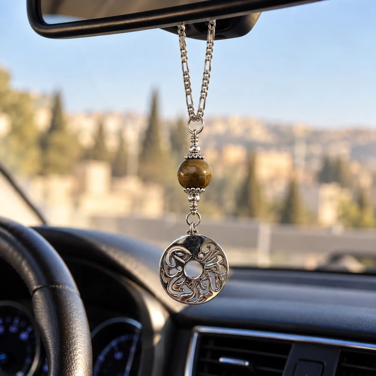 Italian 925 Sterling Silver Car Mirror Pendant with Genuine Agate Stone – "فَاللَّهُ خَيْرٌ حَافِظًا"
