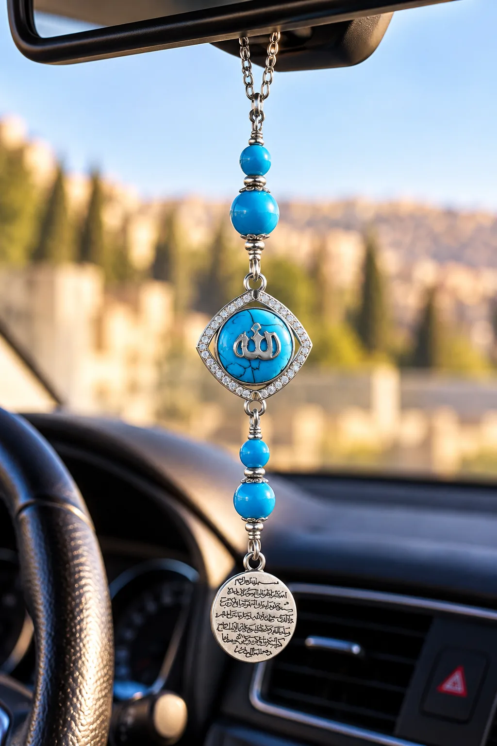 Italian 925 Sterling Silver Car Mirror Pendant with Turquoise Stones & Ayat Al-Kursi