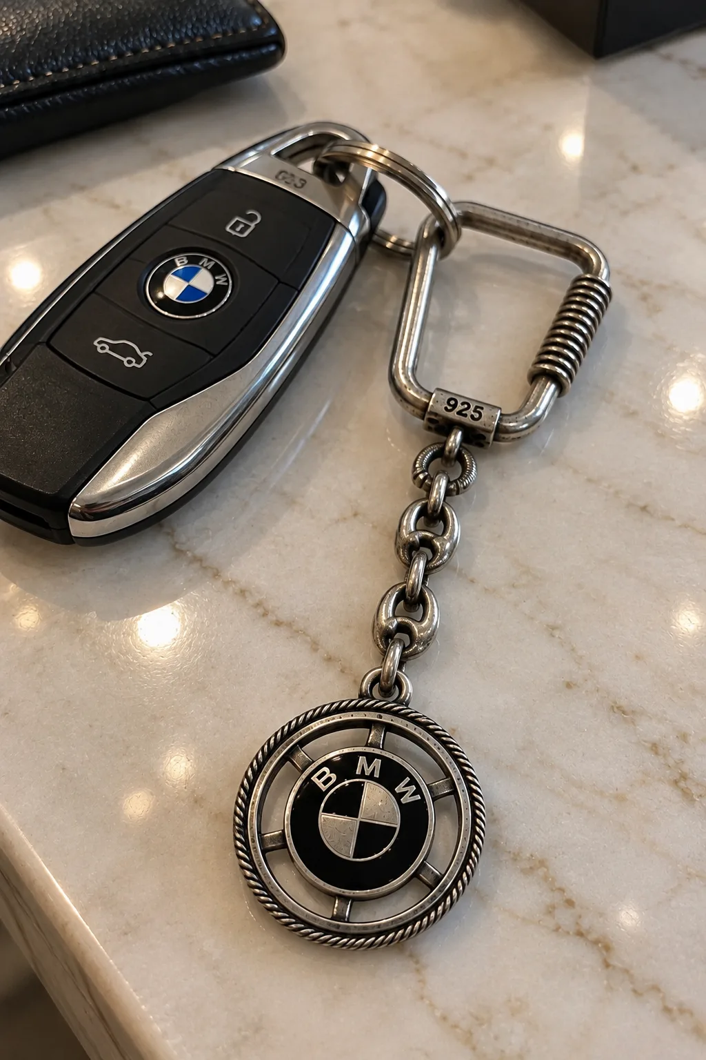 Antique 925 Sterling Silver BMW Keychain with Vintage Pendant