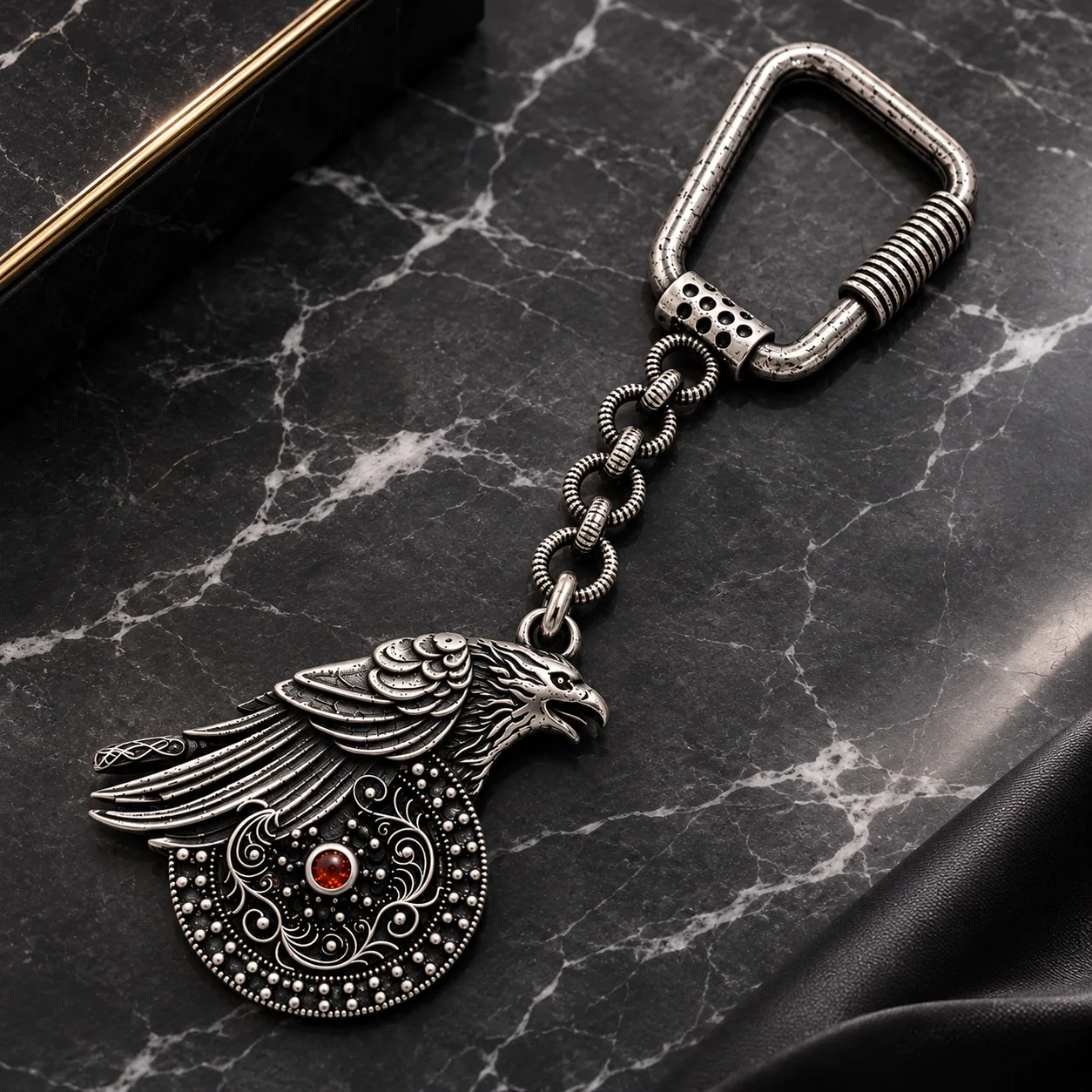 Antique Silver Eagle Keychain – Ornate Vintage Pendant with Red Stone