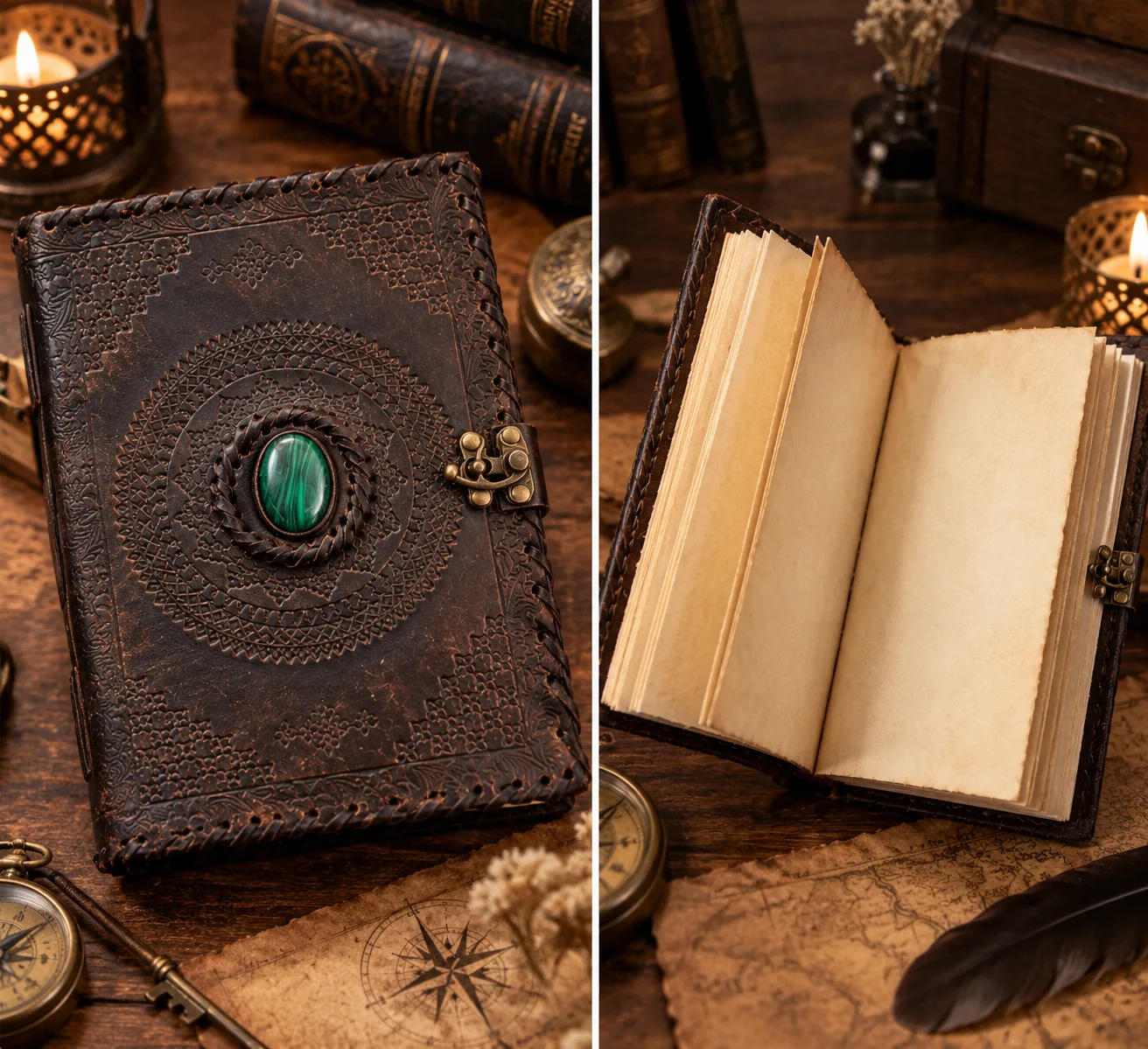Leather Journal with Lock, Embossed Handmade Leather Grimoire Diaries, Spell Book