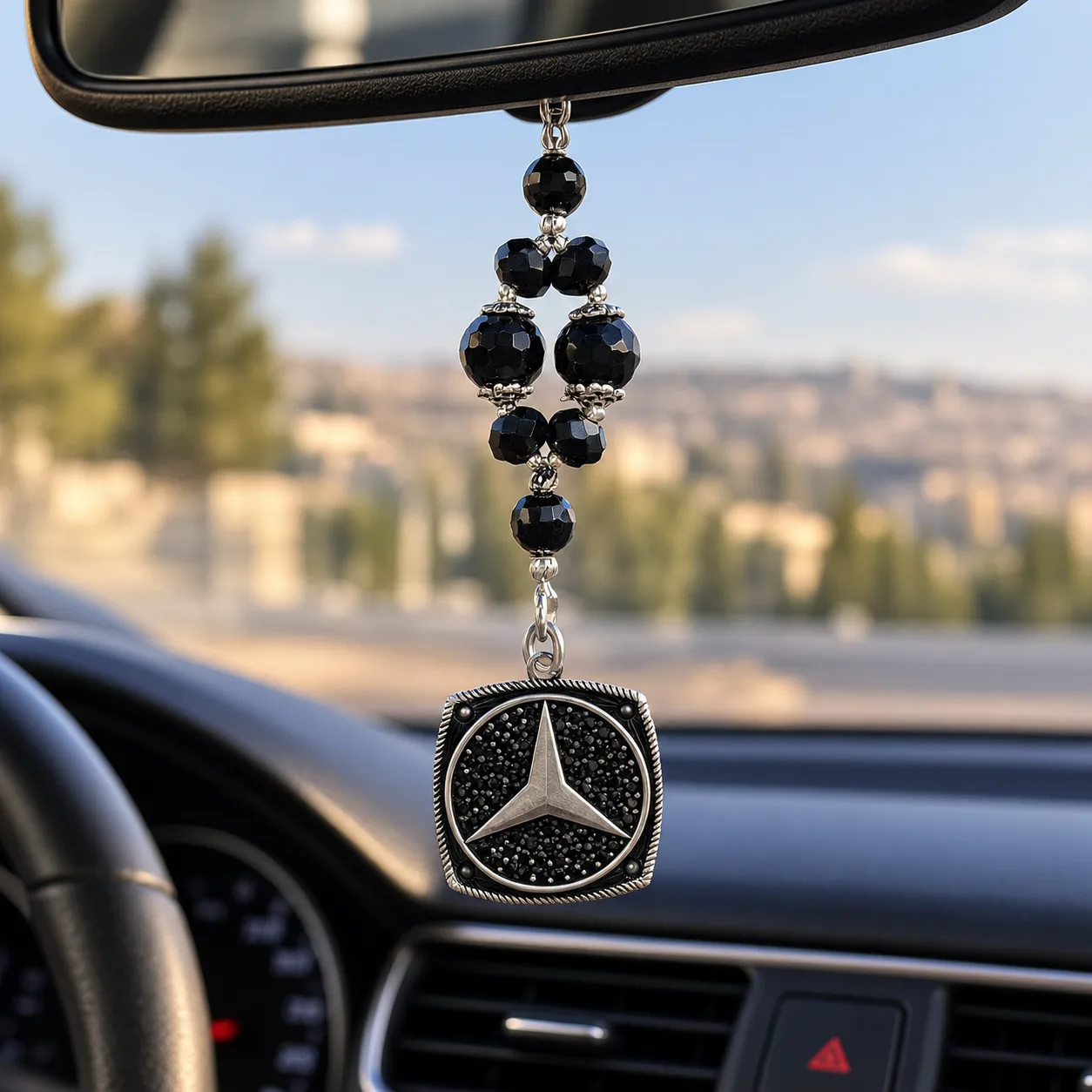 Italian 950 Silver Mercedes-Benz Logo Car Mirror Pendant – Black Onyx & Crystal Stones