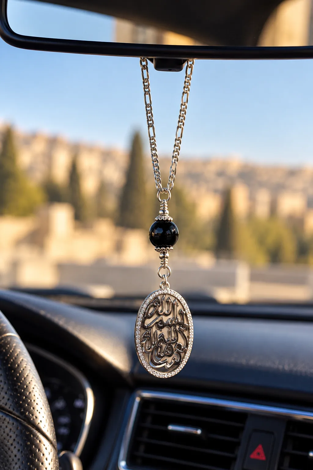 Italian 925 Sterling Silver Car Mirror Pendant with Black Onyx – Arabic Calligraphy ("بِسْمِ اللَّـهِ الرَّحْمَـٰنِ الرَّحِيمِ")