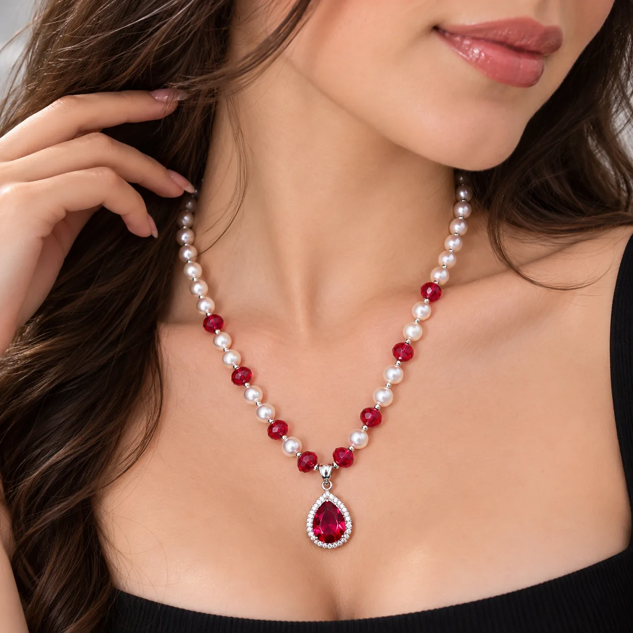 Pearl & Ruby Crystal Necklace in 925 Sterling Silver