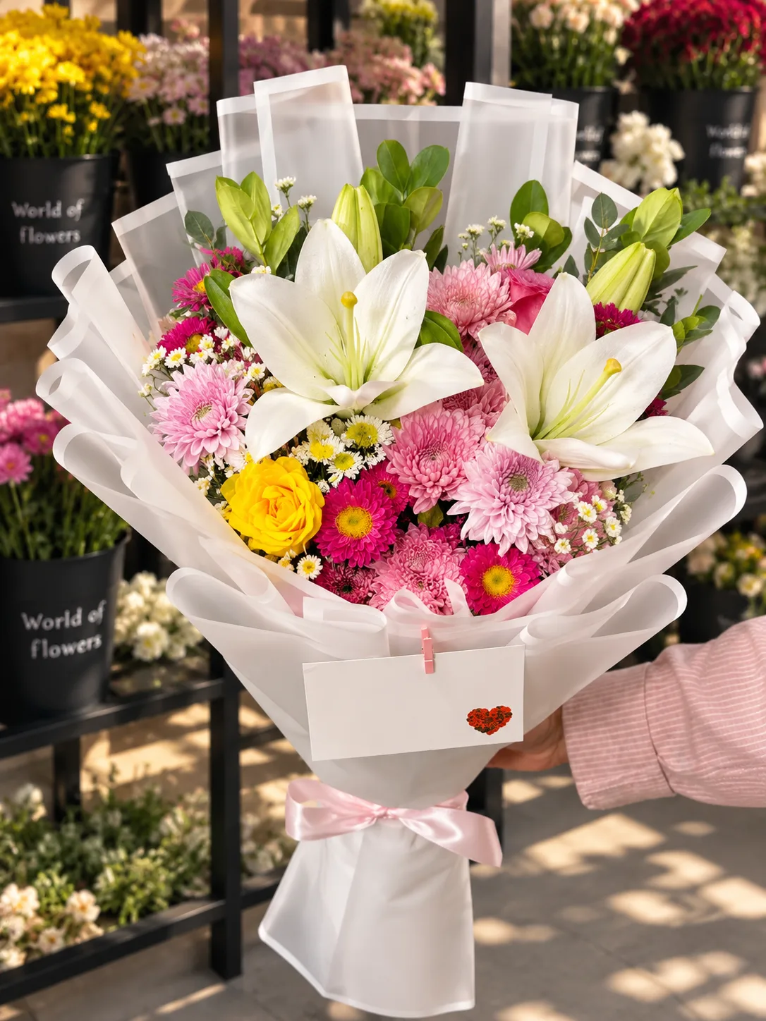 🤍 Pure Elegance Bouquet – باقة الزنابق البيضاء والورد الوردي
