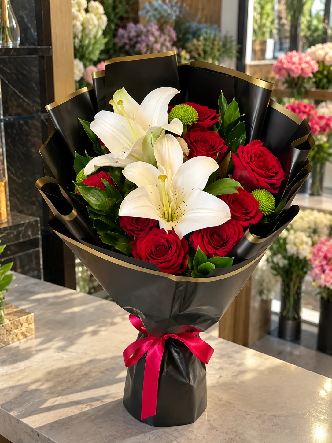 Red Roses and White Lilies Bouquet – Elegant Flower Gift