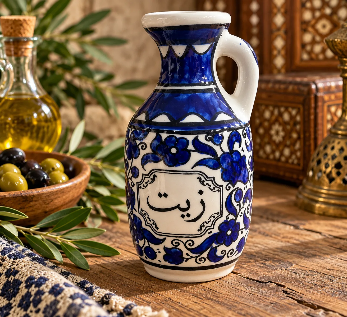 Handmade Ceramic Olive Oil Jug – Hand-Painted Palestinian Style Pottery