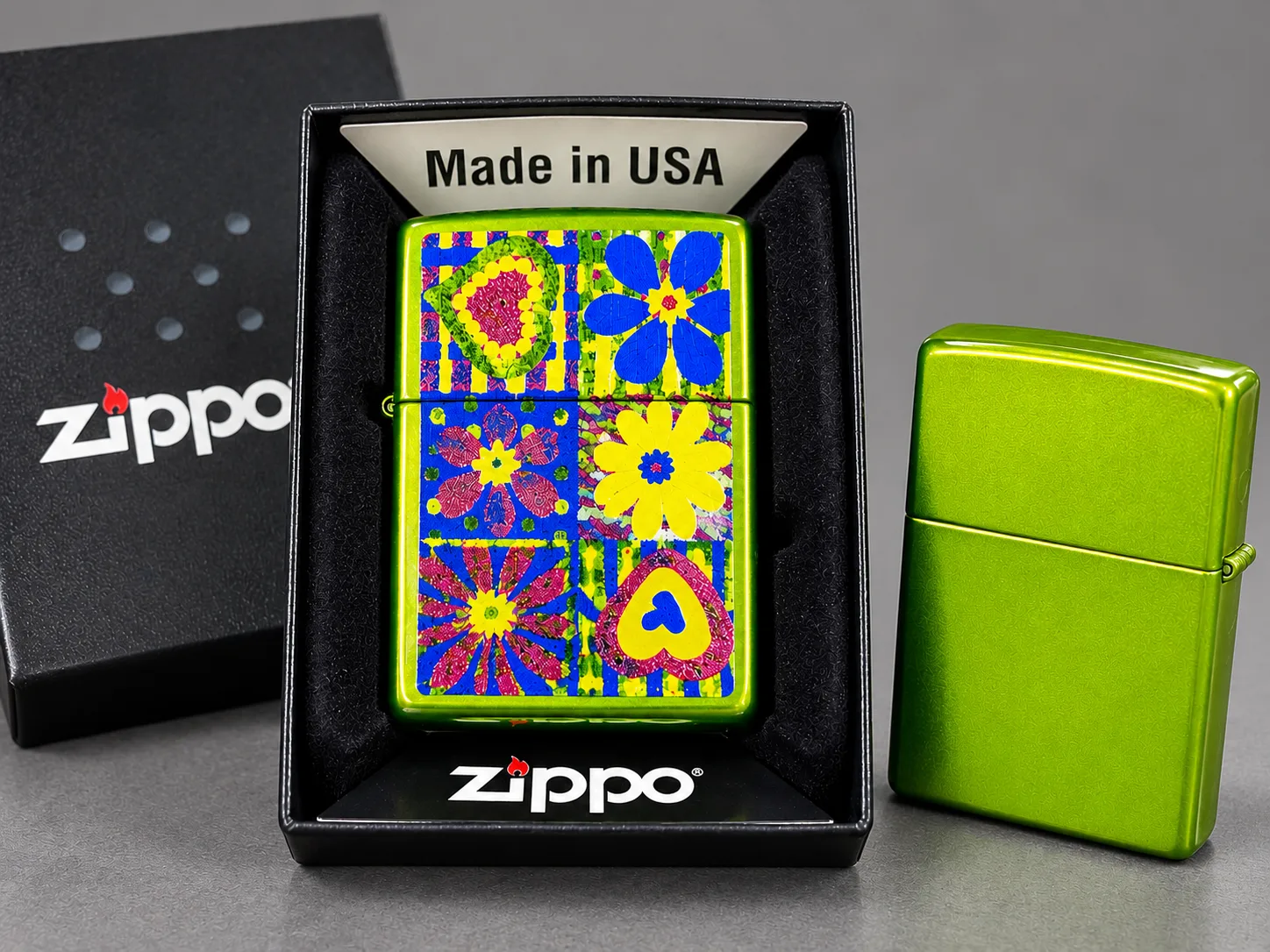 Genuine Zippo Green Floral Lighter – Colorful Flower Design – Made in USA